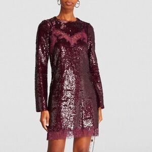 New Simkhai Mako Sequinned Mini Dress Burgundy Lingerie Style Long Sleeve 10